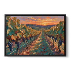Vineyard Painting at Harvest Sundown - Black Framed Canvas Wall Art - Front