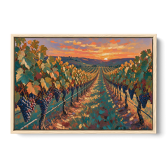 Vineyard Painting at Harvest Sundown - Oak Framed Canvas Wall Art - Front