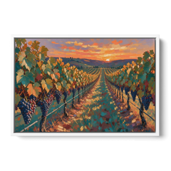 Vineyard Painting at Harvest Sundown - White Framed Canvas Wall Art - Front