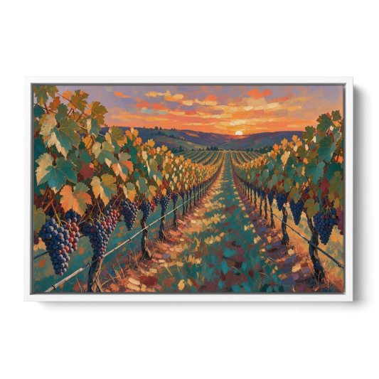 Vineyard Painting at Harvest Sundown - White Framed Canvas Wall Art - Front