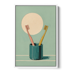 Vintage Bathroom Wall Art of Two Toothbrushes - White Framed Canvas Wall Art - Front