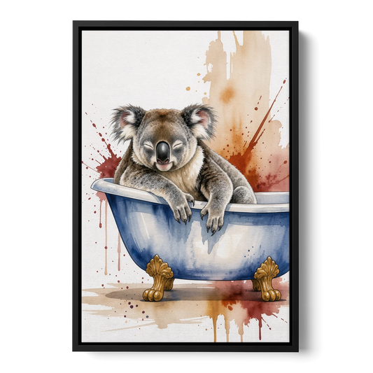 Vintage Bathtub Wall Art with a Sleeping Koala - Black Framed Canvas Wall Art - Front