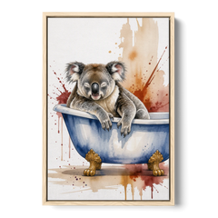 Vintage Bathtub Wall Art with a Sleeping Koala - Oak Framed Canvas Wall Art - Front