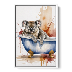 Vintage Bathtub Wall Art with a Sleeping Koala - White Framed Canvas Wall Art - Front