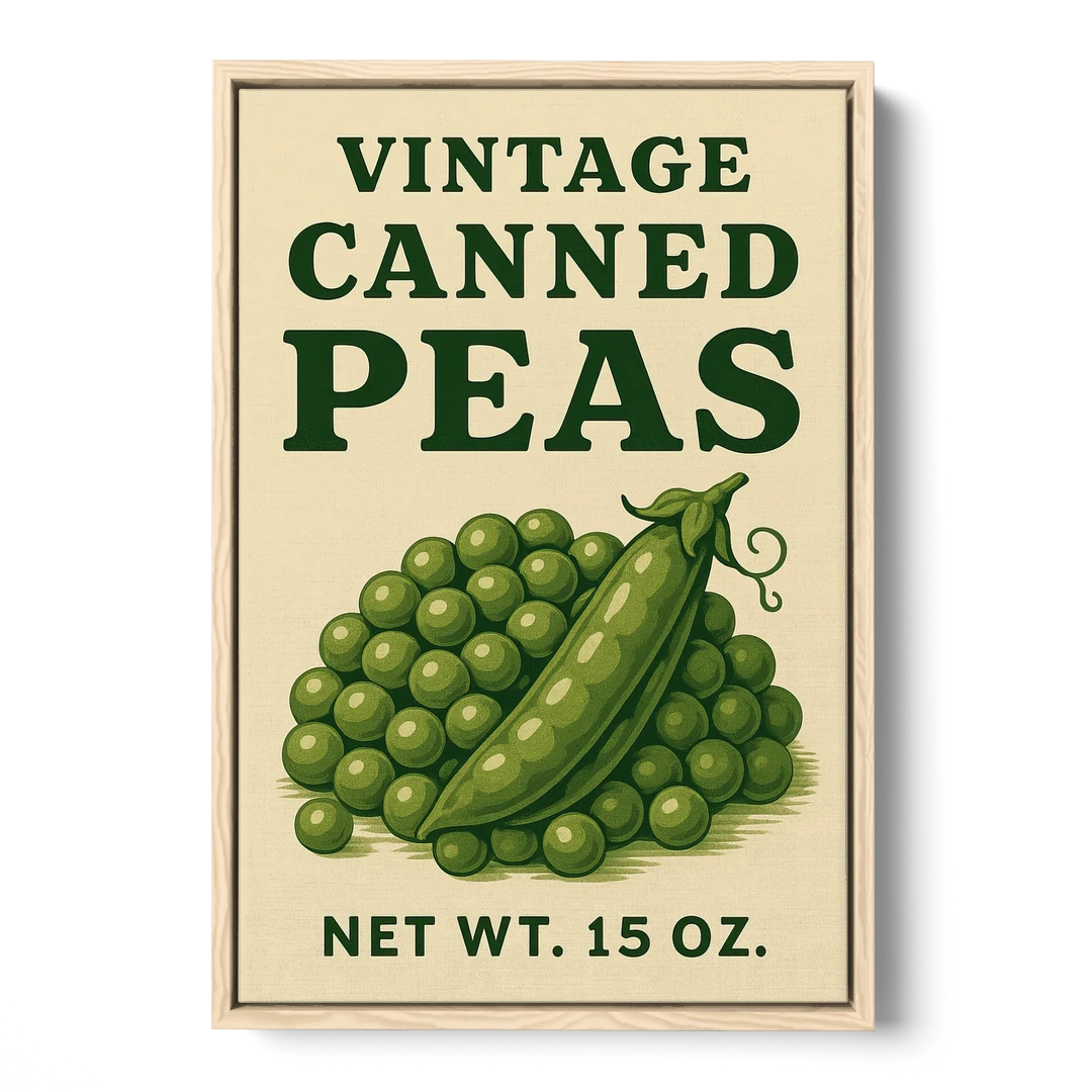 Vintage Canned Peas - Oak Framed Canvas Wall Art - Front