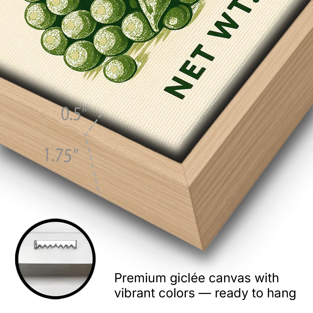 Vintage Canned Peas - Oak Framed Canvas Wall Art - Gallery Wrap Corner