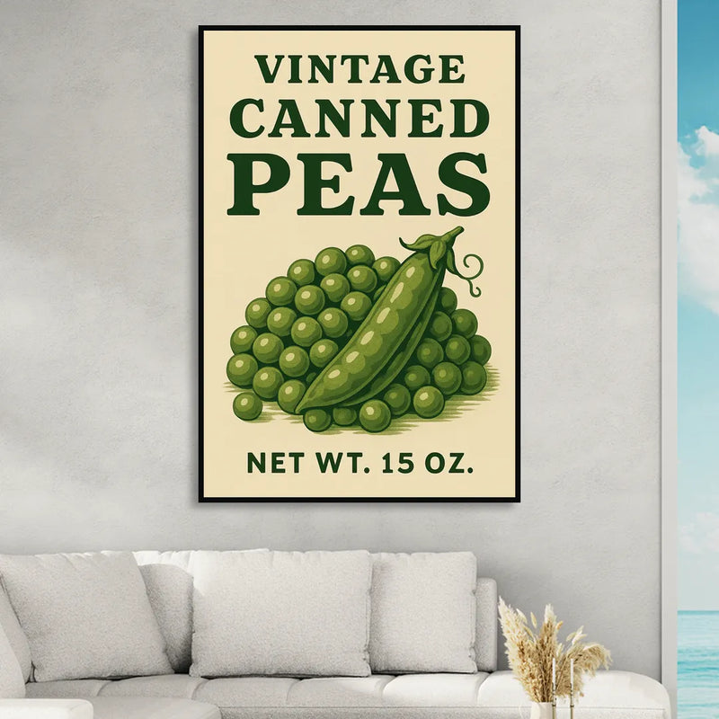 Vintage Canned Peas Living Room - Black Canvas Wall Art
