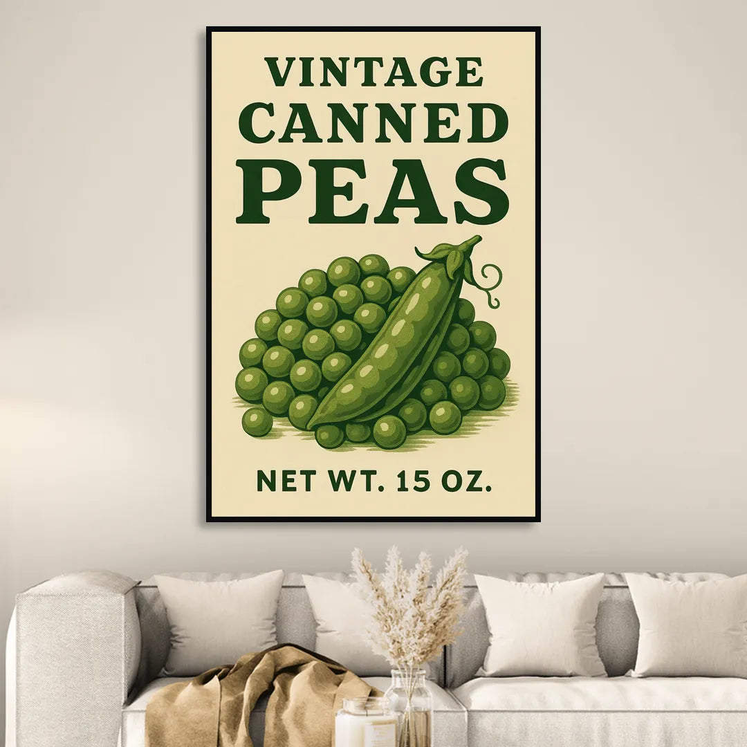Vintage Canned Peas Sitting Room - Black Canvas Wall Art
