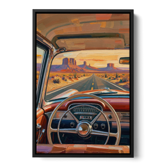 Vintage Car Painting of the Desert Highway - Black Framed Canvas Wall Art - Front