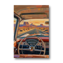 Vintage Car Painting of the Desert Highway - Canvas Wall Art - Front