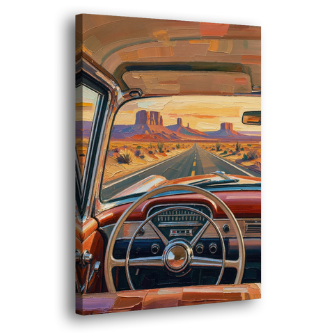 Vintage Car Painting of the Desert Highway - Canvas Wall Art - Side