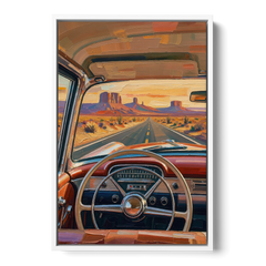 Vintage Car Painting of the Desert Highway - White Framed Canvas Wall Art - Front