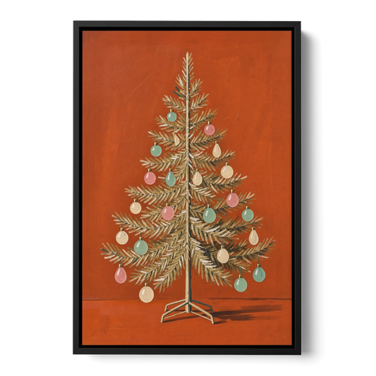 Vintage Christmas Tree Wall Art with Pastel Glass Ornaments - Black Framed Canvas Wall Art - Front