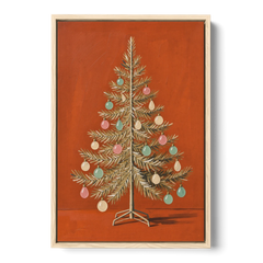 Vintage Christmas Tree Wall Art with Pastel Glass Ornaments - Oak Framed Canvas Wall Art - Front