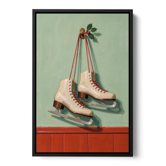 Vintage Christmas Wall Art of Hanging Ice Skates - Black Framed Canvas Wall Art - Front