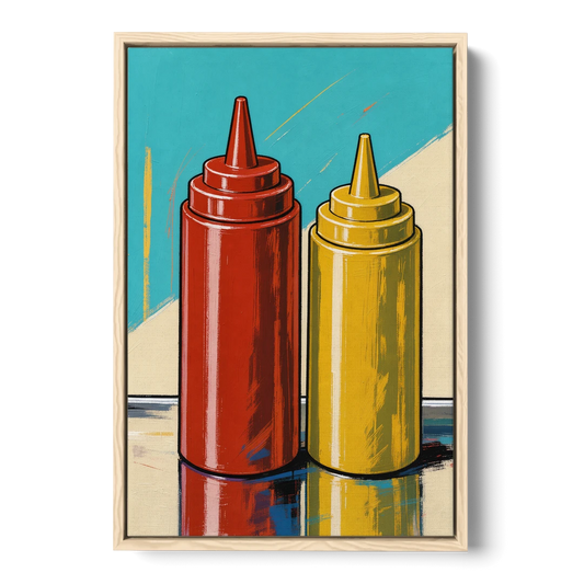 Vintage Diner Decor Ketchup and Mustard Bottles - Oak Framed Canvas Wall Art - Front