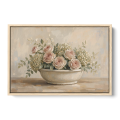 Vintage Flower Wall Art of Roses and Hydrangea - Oak Framed Canvas Wall Art - Front