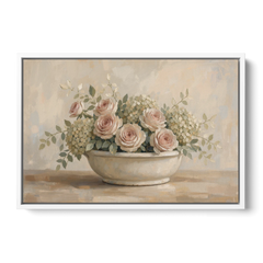 Vintage Flower Wall Art of Roses and Hydrangea - White Framed Canvas Wall Art - Front