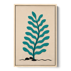 Vintage French Wall Art with Aqua Seaweed Fronds - Oak Framed Canvas Wall Art - Front