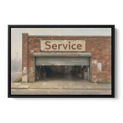 Vintage Garage Signs Service Over the Open Bay - Black Framed Canvas Wall Art - Front