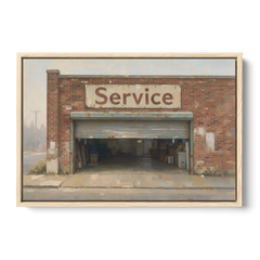 Vintage Garage Signs Service Over the Open Bay - Oak Framed Canvas Wall Art - Front