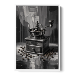 Vintage Hand-Crank Coffee Grinder for the Kitchen - White Framed Canvas Wall Art - Front