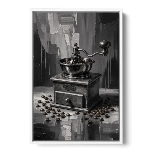 Vintage Hand-Crank Coffee Grinder for the Kitchen - White Framed Canvas Wall Art - Front
