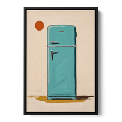 Vintage Kitchen Wall Art with a Teal Fifties Fridge - Black Framed Canvas Wall Art - Front