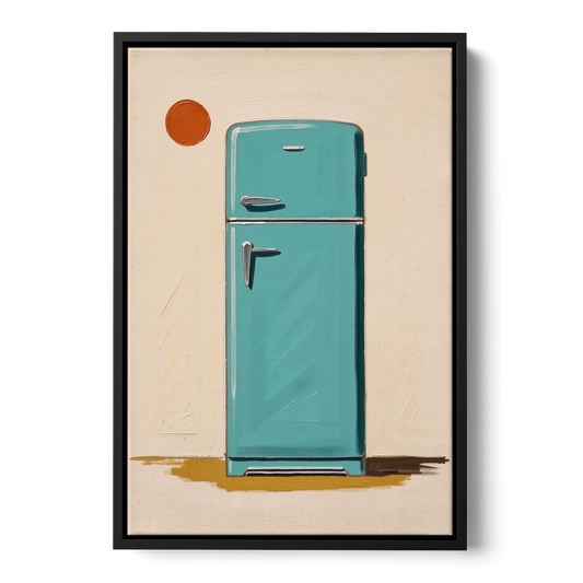 Vintage Kitchen Wall Art with a Teal Fifties Fridge - Black Framed Canvas Wall Art - Front