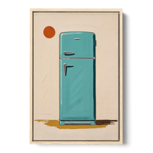 Vintage Kitchen Wall Art with a Teal Fifties Fridge - Oak Framed Canvas Wall Art - Front