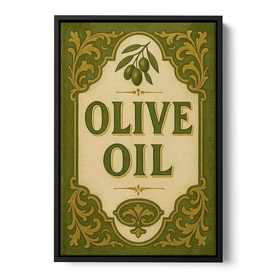 Vintage Olive Oil Front - Black Canvas Wall Art