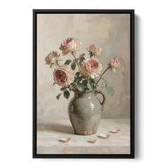 Vintage Rose Painting in a Stoneware Jug - Black Framed Canvas Wall Art - Front