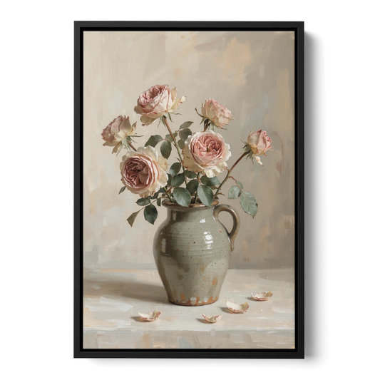 Vintage Rose Painting in a Stoneware Jug - Black Framed Canvas Wall Art - Front
