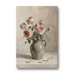 Vintage Rose Painting in a Stoneware Jug - Canvas Wall Art - Front
