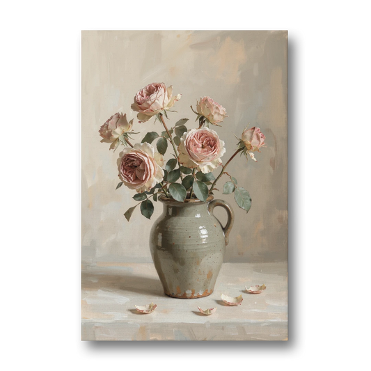 Vintage Rose Painting in a Stoneware Jug - Canvas Wall Art - Front