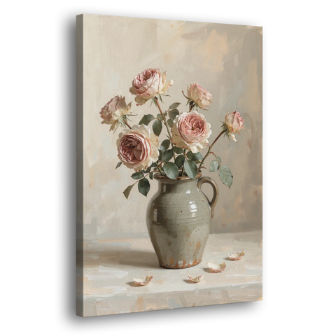 Vintage Rose Painting in a Stoneware Jug - Canvas Wall Art - Side