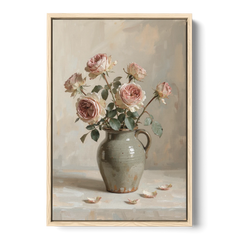 Vintage Rose Painting in a Stoneware Jug - Oak Framed Canvas Wall Art - Front