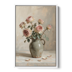 Vintage Rose Painting in a Stoneware Jug - White Framed Canvas Wall Art - Front