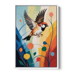 Vintage Sparrow Silhouette - White Framed Canvas Wall Art - Front