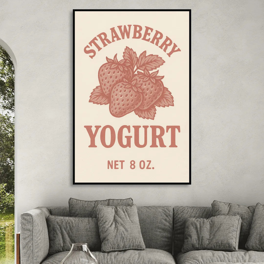 Vintage Strawberry Yogurt Living Room - Black Canvas Wall Art