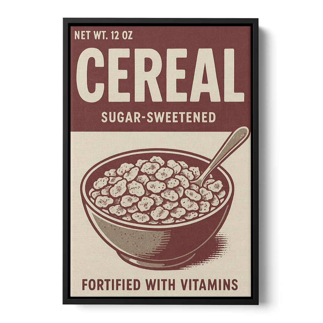 Vintage Sugar Sweetened Cereal Front - Black Canvas Wall Art