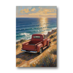 Vintage Truck Wall Art with Clifftop Ocean Sunrise - Canvas Wall Art - Front