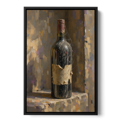 Vintage Wine Painting of a Dusty Cellar Bottle - Black Framed Canvas Wall Art - Front