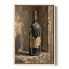 Vintage Wine Painting of a Dusty Cellar Bottle - Oak Framed Canvas Wall Art - Front