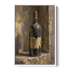 Vintage Wine Painting of a Dusty Cellar Bottle - White Framed Canvas Wall Art - Front