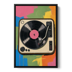 Vinyl Record Wall Art of a Turntable From Above - Black Framed Canvas Wall Art - Front