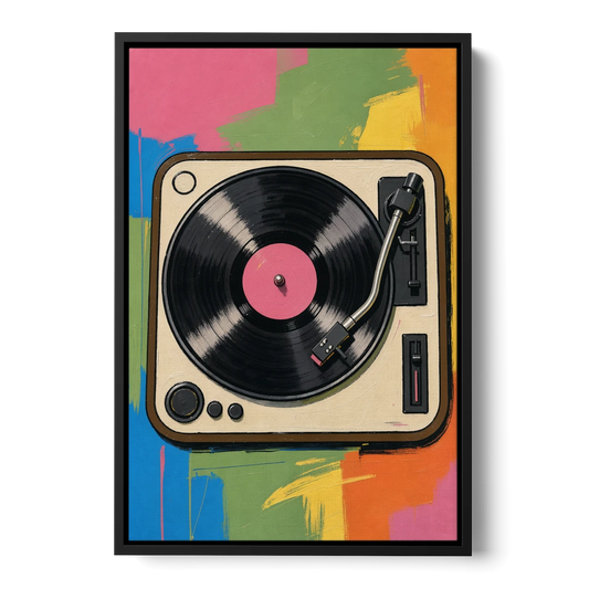 Vinyl Record Wall Art of a Turntable From Above - Black Framed Canvas Wall Art - Front