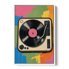Vinyl Record Wall Art of a Turntable From Above - White Framed Canvas Wall Art - Front