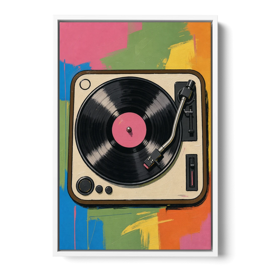 Vinyl Record Wall Art of a Turntable From Above - White Framed Canvas Wall Art - Front