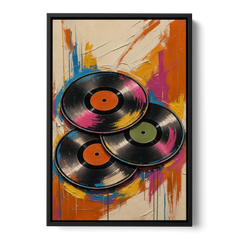 Vinyl Records Painting in a Tilted Stack - Black Framed Canvas Wall Art - Front